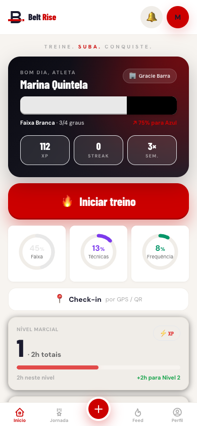 Tela inicial do app Belt Rise mostrando faixa branca, XP, progresso para a faixa azul e botão de iniciar treino